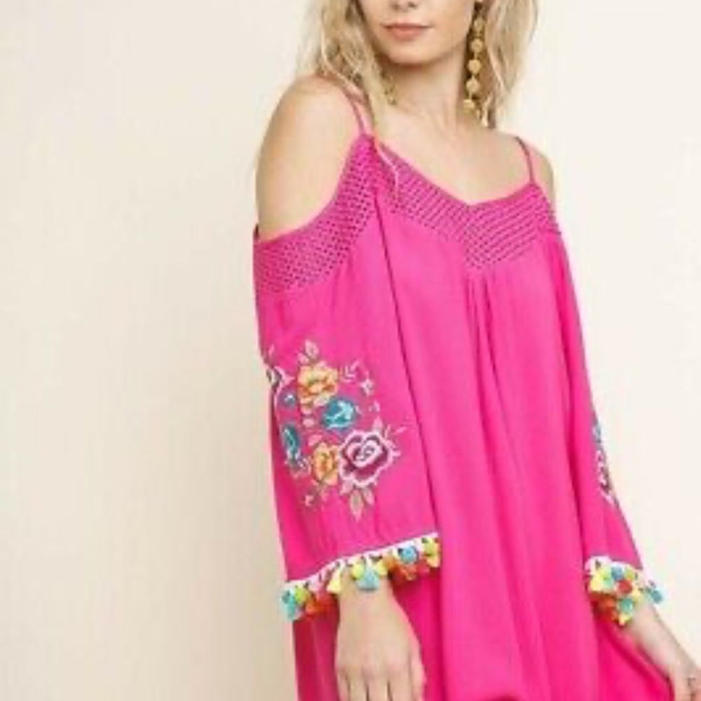 Pink Swim Coverup with Embroidery Cold Shoulder